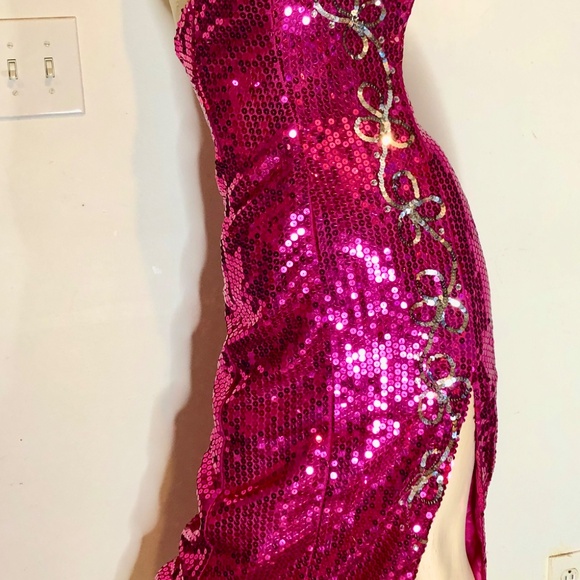 Vtg 80s Sequined Fuchsia Pink w/Silver Strapless Wiggle Evening Pageant Gown~2 - Picture 5 of 13